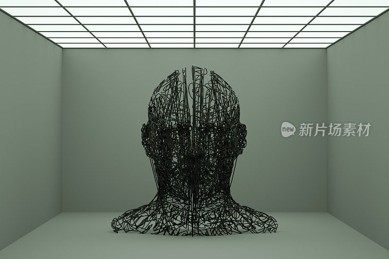 3D Wired Shape Cyborg Head，人工智能概念